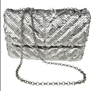 Nicole Miller Crossbody Clutch Silver Sequins.  New with Tags